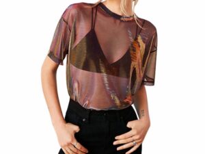Mesh Hollow Out Lace Short Sleeve Transparent Crop Tops