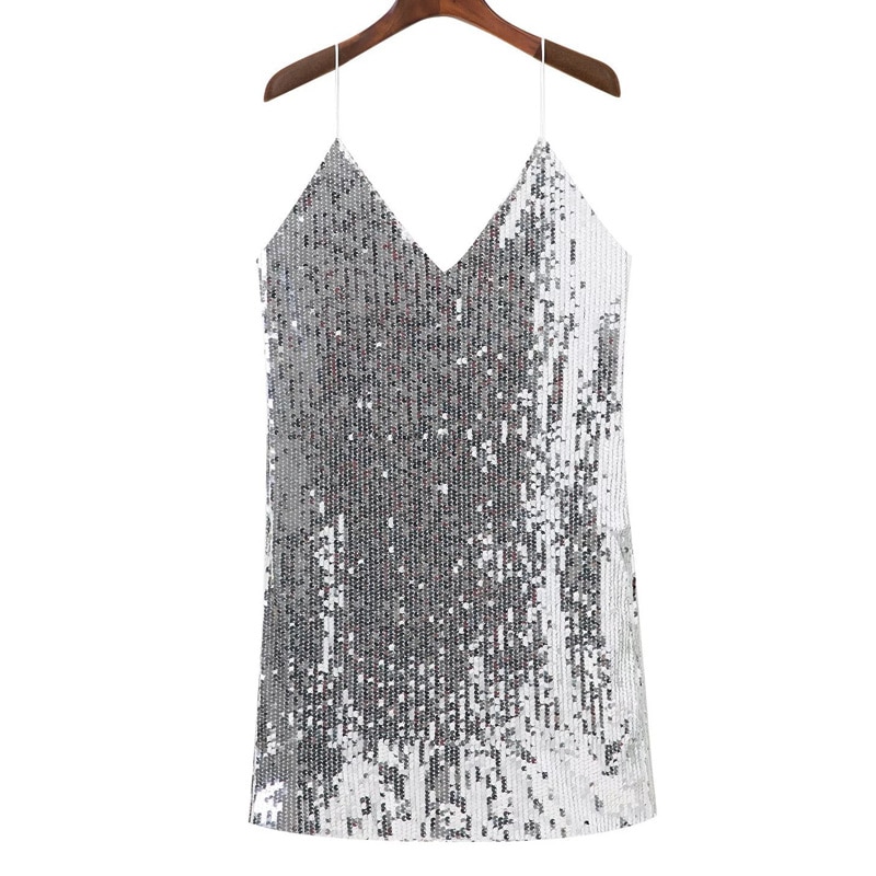 Silver Sequined Backless Mini Dress - Image 6