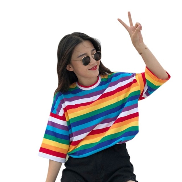 Rainbow Striped Korean Style T-Shirts - Image 2