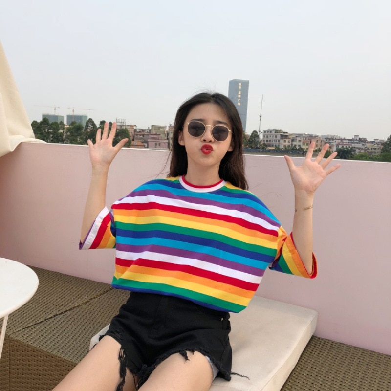 Rainbow Striped Korean Style T-Shirts - Image 3