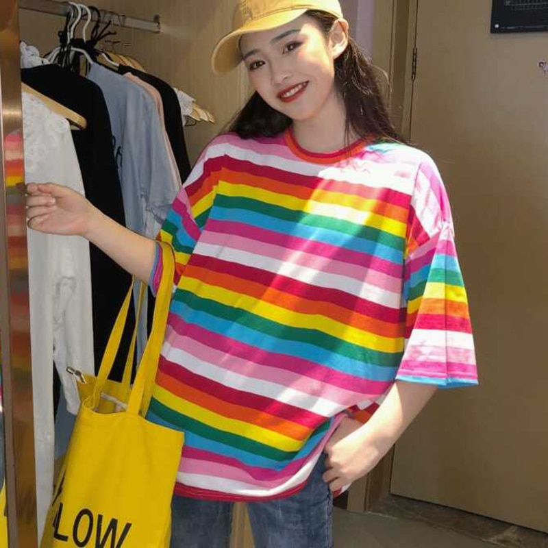 Rainbow Striped Korean Style T-Shirts - Image 4
