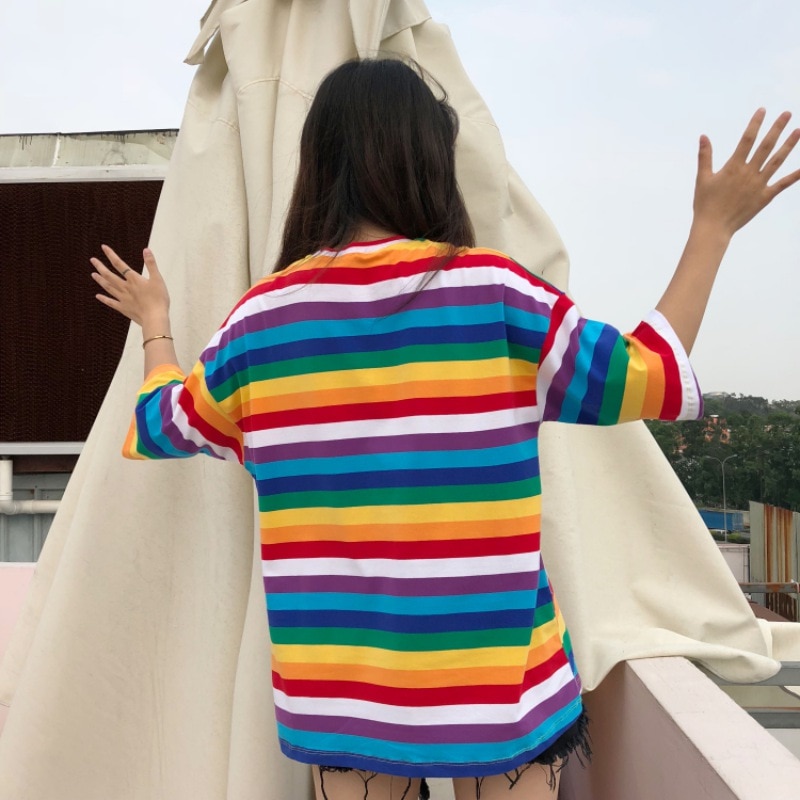 Rainbow Striped Korean Style T-Shirts - Image 5
