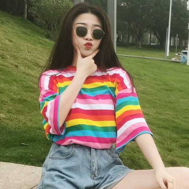 Rainbow Striped Korean Style T-Shirts
