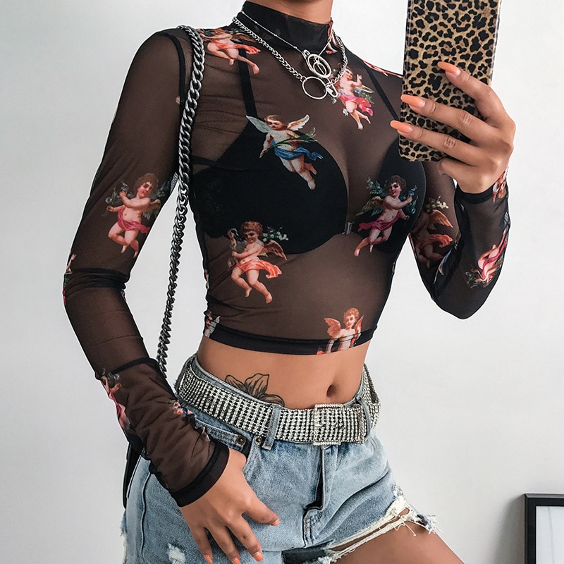 Sexy Women T Shirt See Through Transparent Mesh Tops - Image 2