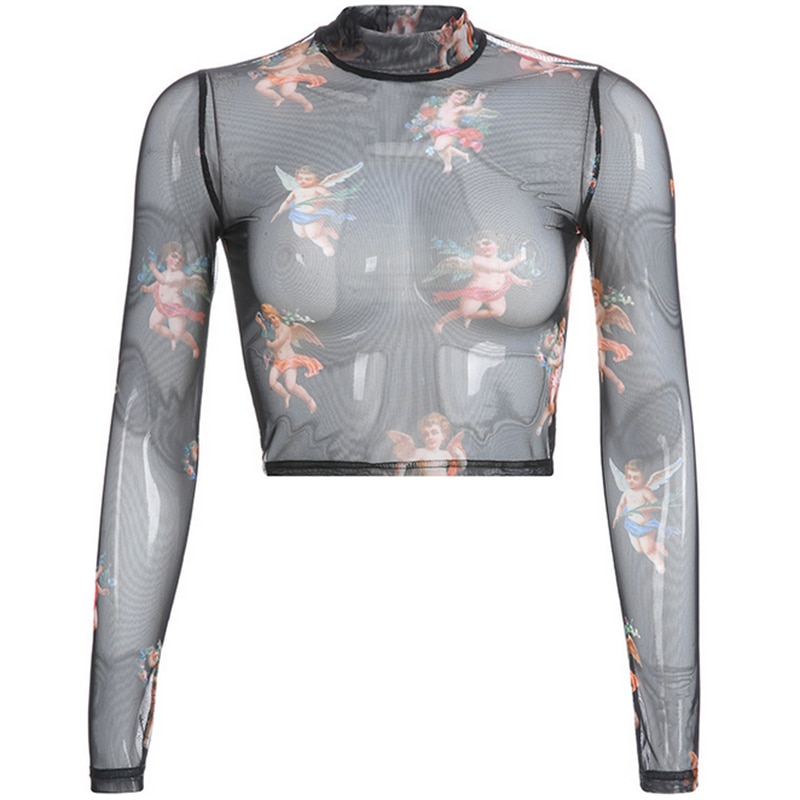 Sexy Women T Shirt See Through Transparent Mesh Tops - Image 3