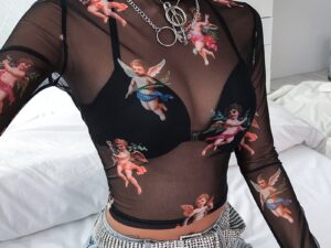 Sexy Women T Shirt See Through Transparent Mesh Tops