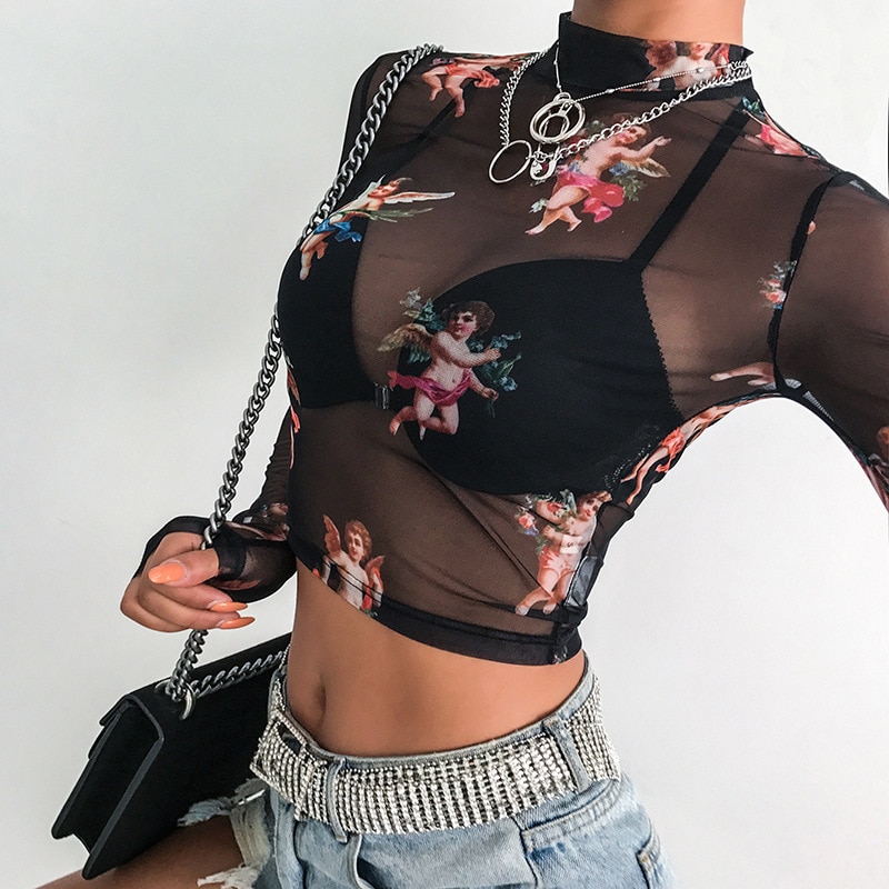Sexy Women T Shirt See Through Transparent Mesh Tops - Image 5