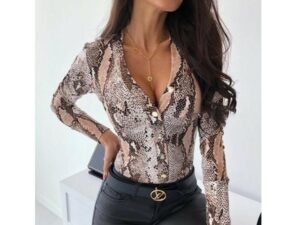 Women Long Sleeve Leopard Skin Prinetd Bodysuit