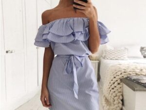 Striped Ruffle Collar Bodycon Summer Dress
