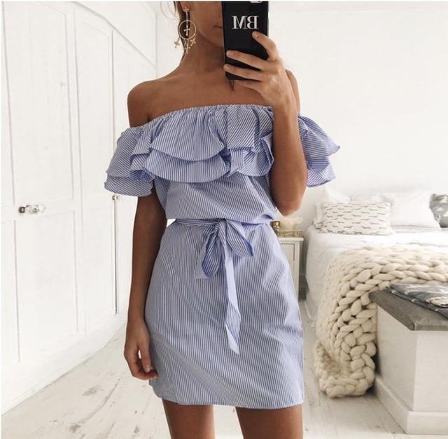 Striped Ruffle Collar Bodycon Summer Dress