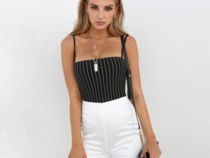 Spaghetti Strap Stripe Backless Bodysuit
