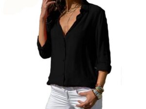 Elegant Long Sleeve Solid V-Neck Chiffon Blouse
