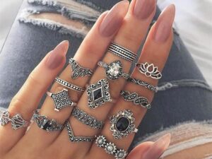 15 Piece Bohemian Hollow Lotus Gem Silver Ring Set