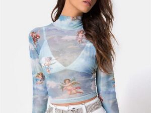 Sheer Mesh Fishnet Cute Angel Printed Top