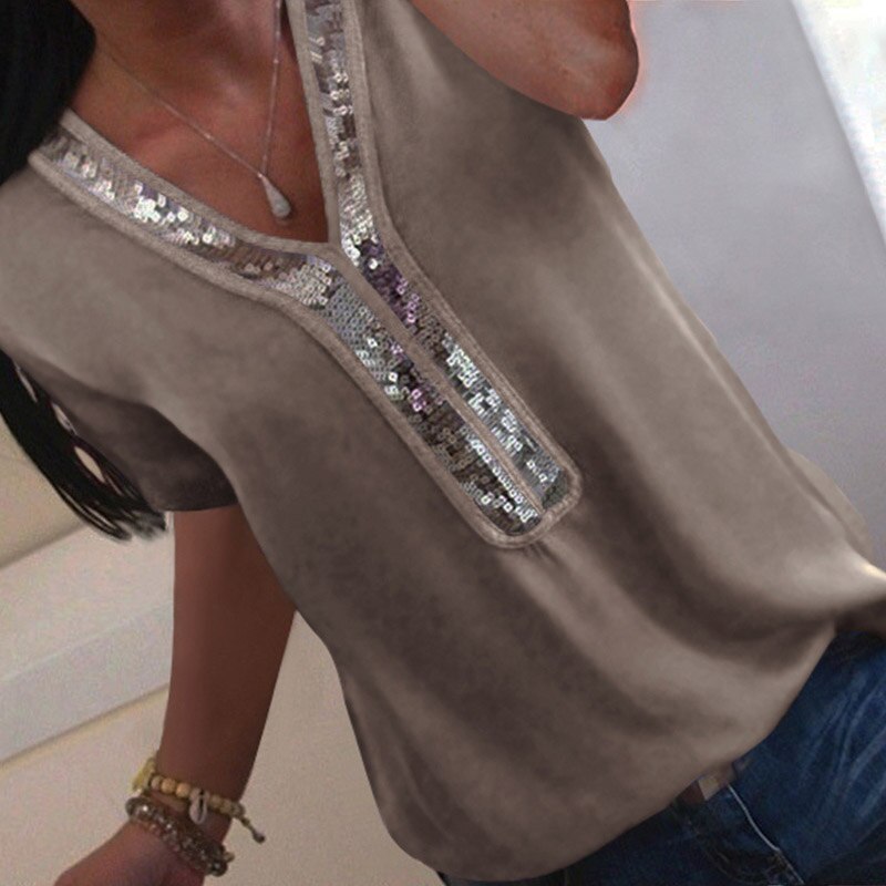 Sexy V-neck Sequins Chiffon Blouse Shirt - Image 3