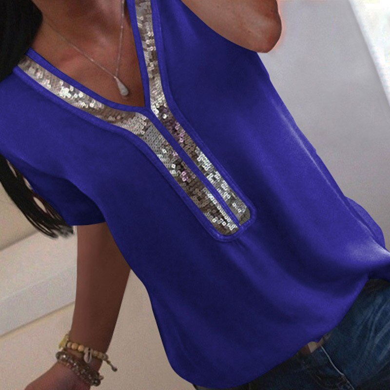 Sexy V-neck Sequins Chiffon Blouse Shirt - Image 4