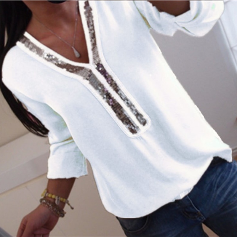 Sexy V-neck Sequins Chiffon Blouse Shirt